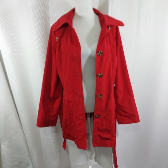 LONDON FOG "TOWNE!" RACY RED COTTON DUCK BELTED RAINCOAT, W/BUTTON ON HOOD! SZ L - Picture 4 of 13